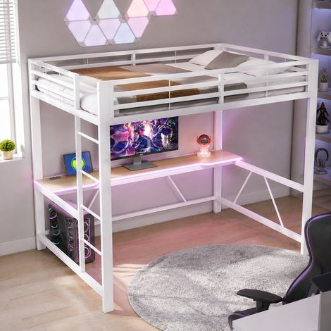 Cama alta infantil 140x200 cm de metal blanco con escritorio FloraGrace (1/5)