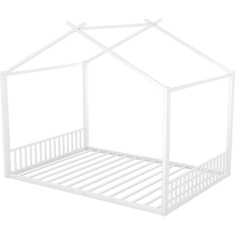 Lit rembourré 140 x 200cm, sans matelas, cadre en fer, lit enfant, forme maison, blanc (1/5)