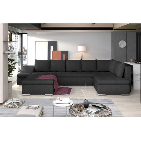 Canapé panoramique GYOVANI gris foncé angle gauche convertible couchage 140x294cm (1/2)