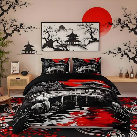 Housse de Couette 220x240cm pour Les Enfants Garçons Filles Adultes Style Japonais Parure de Lit Coucher de Soleil Rouge Ensemble de Literie avec 2 taies d'oreiller (1/5)