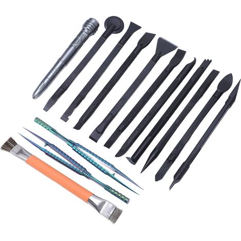 Kit d'outils de réparation électronique 14 pièces : spudger, brise-écran, brosse, pince à épiler coudée, pour soudure de circuits imprimés de téléphones portables (1/5)