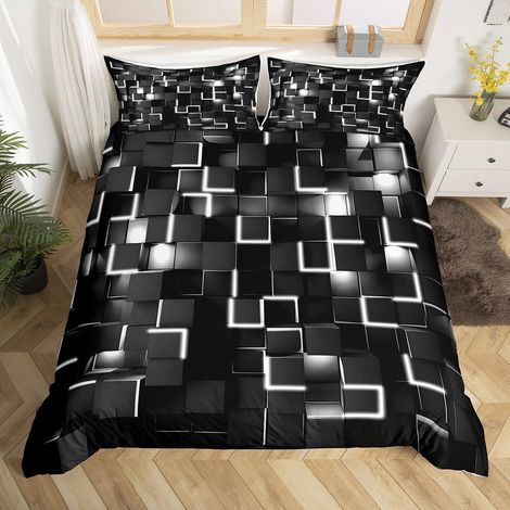 Parure de lit avec housse de couette grise et noire pour lit king size avec motif géométrique léger, ensemble de literie pour enfants garçons et filles - Parure de lit moderne (1/5)