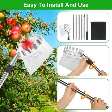 Draupnir 3,5m Cueille Fruit Telescopique, Cueille Pommes, Ramasse Fruits, Cueille Poires Cerise, Acier Inoxydable, Outil Cueilleur de Fruits avec Sac Coton Ø 16 cm (1/2)