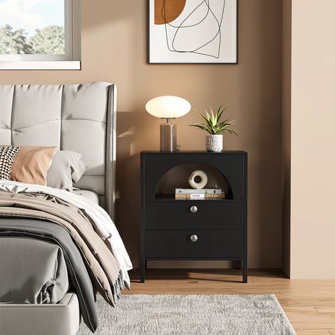 URBAN MEUBLE Table de chevet noir arqué niche et 2 tiroirs 45x40x58cm (1/5)