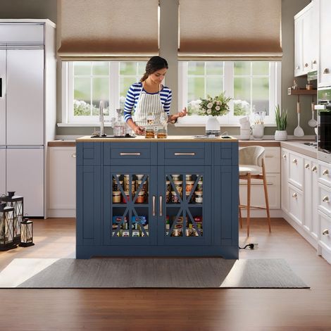 Îlot de cuisine sur roulettes avec table pliable, desserte de cuisine 120x40(65)x92cm avec prises secteur et USB, rangement et étagère réglable, Bleu (1/5)