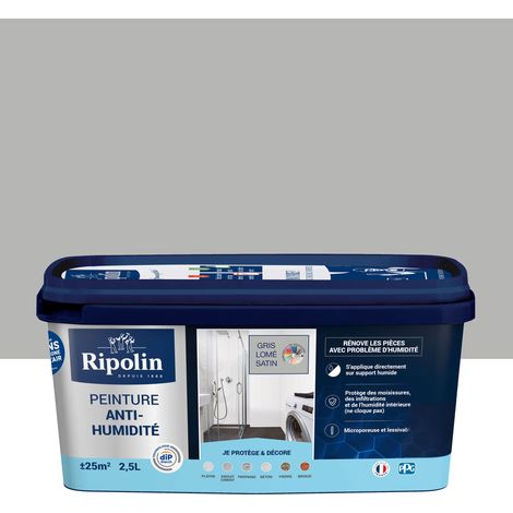 Ripolin – Peinture anti-humidité satinée 2,5L – Gris Lomé – Application sur supports humides – Lessivable – Rendement 25m² par pot (1/5)