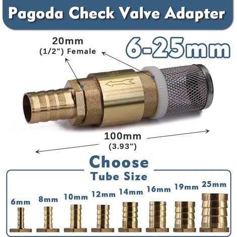 (Clapet anti-retour - 1 pièce - pour tuyau de 25 mm) Adaptateur de tuyau avec clapet anti-retour Pagode 1/2″ et filtre en laiton, préfiltre anti-retour pour pompe, protection et contrôle de l'eau (1/5)