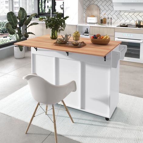 Isola cucina 129x46x91.5 cm bianco e naturale in MDF con piano ribaltabile, ruote, cassetti e ripiani regolabili (1/5)