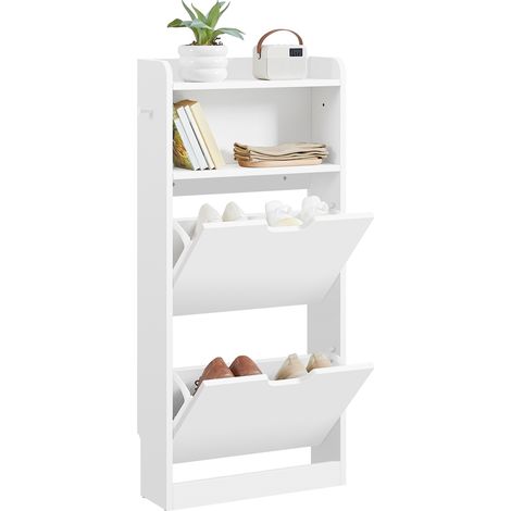 Yaheetech Meuble à Chaussures Basculant 4 Niveaux à 2 Tiroirs Rabattables Range-Chaussures Moderne Compact avec Rangement Ouvert pour Entrée Vestibule Blanc