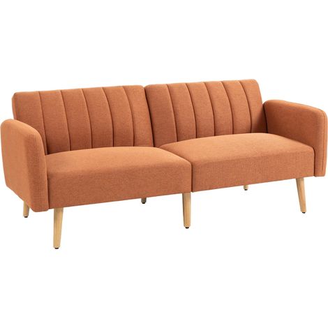 Canapé Convertible 2 Places Design scandinave Dossier inclinable 3 Positions Pieds Bois Tissu Aspect Lin marron