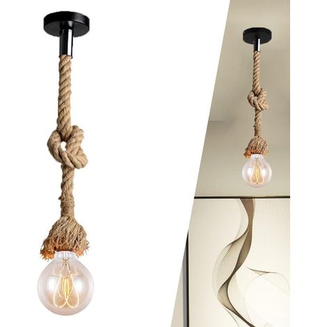E27 Vintage Hanfseil Pendelleuchte Hängende Industrie Kronleuchter Rustikal Hängelampe für Restaurant Bauernhaus Bar Café - ohne Glühbirne (150cm)