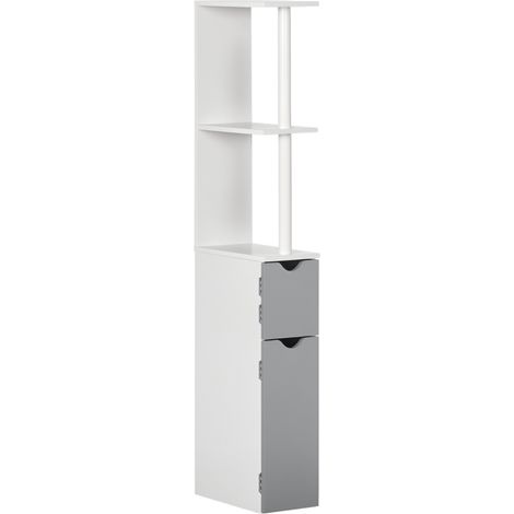 Colonna Bagno con 2 Ripiani e 2 Armadietti, in Legno, 15.2x29.8x118 cm, Bianco e Grigio (1/5)