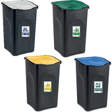 Set da 4 Contenitori Ecologici Bidoni per la Raccolta Differenziata pattumiere 50L con etichette coperchi verde giallo blu bianco per interno o esterno (1/5)