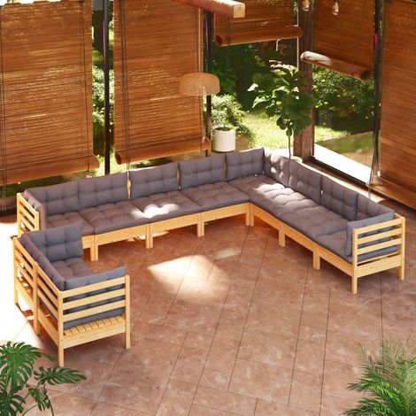 10-tlg. Garten-Lounge-Set mit Grauen Kissen Massivholz Kiefer vidaXL (1/5)