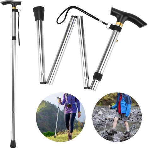 Four-in-one folding trekking poles, made of aluminum alloy, non-slip, unisex, suitable for hiking, silver.