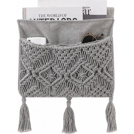 1 Pcs Organisateur Mural Corde Coton Gris 90x34cm Bohème Rangement Canapé Téléphone Magazine (1/5)