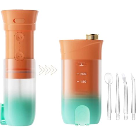 Hydropulseur pliable pour dents – Irrigateur buccal portable de 200 ml avec 4 embouts de jet, 3 modes, rechargeable et étanche pour la maison et les voyages Orange (1/5)