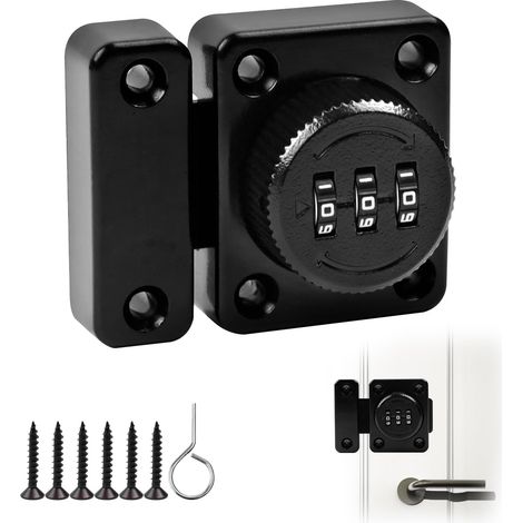 Loquet Porte Sans Clé Serrure à Code à 3 Chiffres avec Vis de Fixation de Sécurité - Serrure Porte Coulissante pour Placard d'Armoire, Noir (1/5)