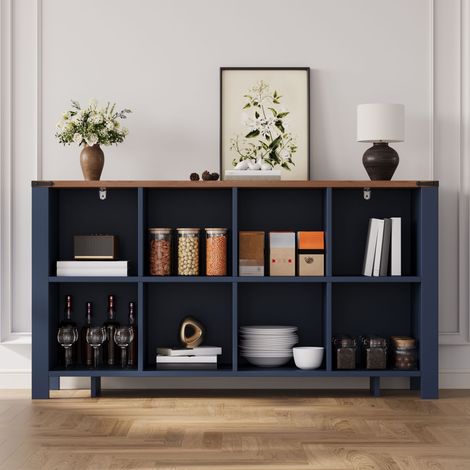 Buffet de rangement 140x34x75 cm, étagère basse ouverte avec 8 niches, bibliothèque horizontale pour salon, cuisine et salle à manger, Bleu (1/5)