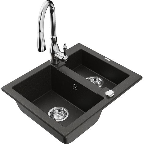 Mexen Carlos lavello in granito 1,5 vasche con miscelatore cucina Savita, nero/oro metallico - 6518-75-672601-00 (1/5)