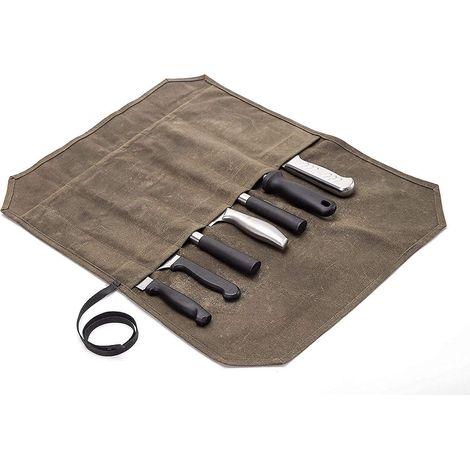 Messertasche aus khakifarbenem, gewachstem Canvas mit 7 Fächern (1/5)