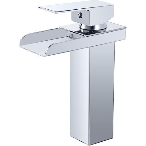 Grifo de baño moderno tipo cascada, grifo mezclador cromado para lavabo tipo cascada, grifo con caño de 140 mm de altura, grifo mezclador de latón para baño, agua fría y caliente disponible, G 3/8 (1/5)