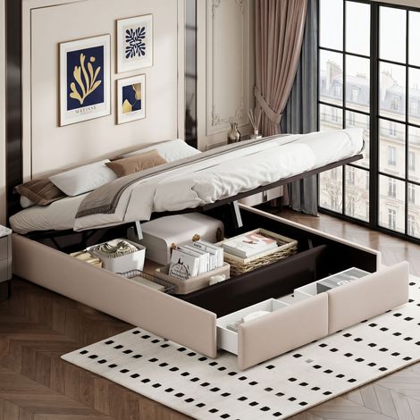 Lit Coffre Hydraulique 160x200 cm avec 2 Tiroirs - Sommier Relevable et Rangement Pied de Lit - Revêtement Lin Gris/Beige - Design Minimaliste sans Tête de Lit (1/5)