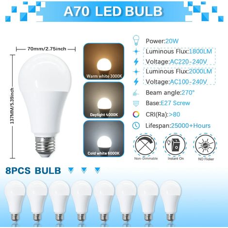(8 ampoules, lumière naturelle 4000K) Ampoules LED A70, sans scintillement, indice de rendu des couleurs CRI 80+, convient aux chambres, couloirs, etc. (1/5)