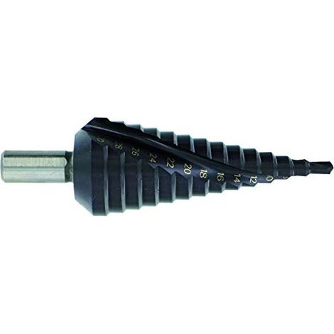 Foret conique étagé Ø4 à 12mm HSS 5% cobalt Hélicoïdal -Pointe en croix -Queue à 3 méplats TIVOLY