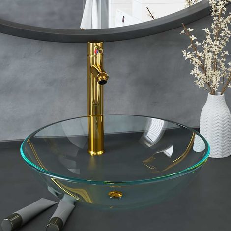 vidaXL Lavabo de bain avec robinet et drain à poussoir Verre trempé (1/5)