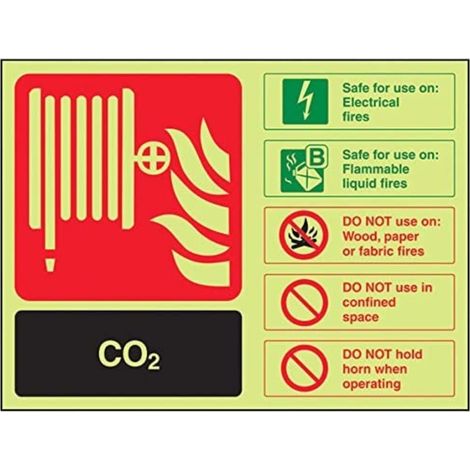 Panneau ar-g Extincteur, carte d'identité de CO2, Glow in the Dark 1 mm en plastique, paysage, 200 mm x 150 mm, noir/vert/rouge (1/3)