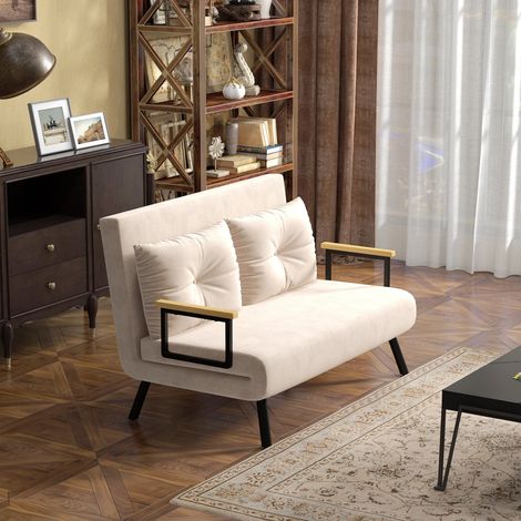 Canapé-lit 2 places en velours, fonction couchage, avec 2 coussins, aspect velours, naturel + beige + noir