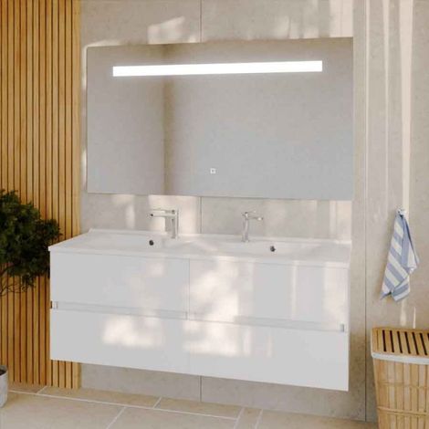 Cuisibane – Meuble double vasque suspendu 140 cm – Miroir éclairant LED – 4 tiroirs à sortie totale – Plan vasque en résine – Hauteur 80 cm - ht80- (1/5)
