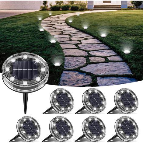Lot de 6 Lampe Solaire Au Sol, 8 LED Lumiere Solaire Exterieur Jardin IP68 Étanche, Spot Solaire Extérieur pour Chemins Pelouse Terrasse Allée Cour Piscine Passerelle, Blanc Froid (1/5)