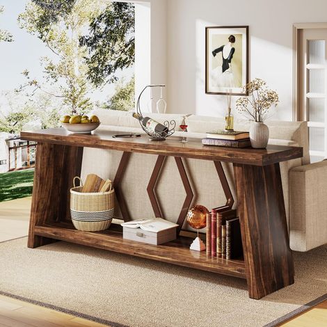 Tribesigns 180 cm Long Sofa Table for Living Room, 2-Tier Narrow Console Table with Storage, Wood Foyer Entryway Couch Table for Hallway, Entrance (Brown) (1/5)