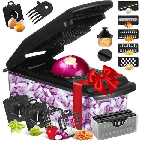 18pc Trancheuse manuelle 4 lames en acier inoxydable 420 – Bac de récupération 1,2 L – Coupe rapide de légumes et fruits – Ustensile de cuisine 4-en-1 (1/5)