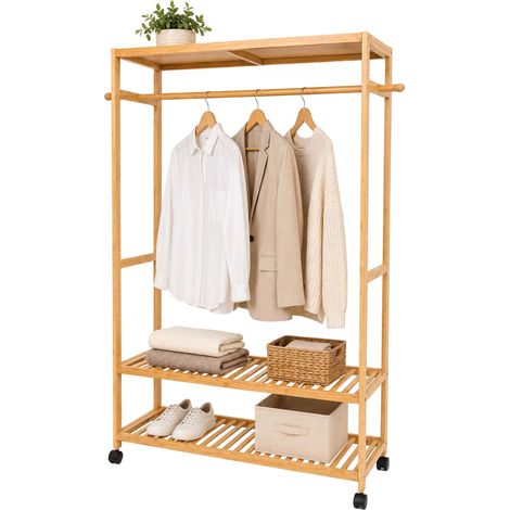Relaxdays perchero con ruedas de bambú, barra para colgar, 3 estantes, (Al x An x Prof) 160 x 100 x 35 cm, color natural (1/5)
