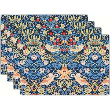 Set de table bleu (lot de 4) - Anti-salissures - Matière résistante à la chaleur - Tapis tactile à motifs d'oiseaux et de plantes - Idéal pour des repas et des moments de détente tendance. (1/5)