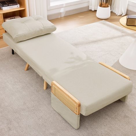 Poltrona letto 3 in 1 in lino beige con schienale reclinabile e braccioli in rattan OKWISH (1/5)