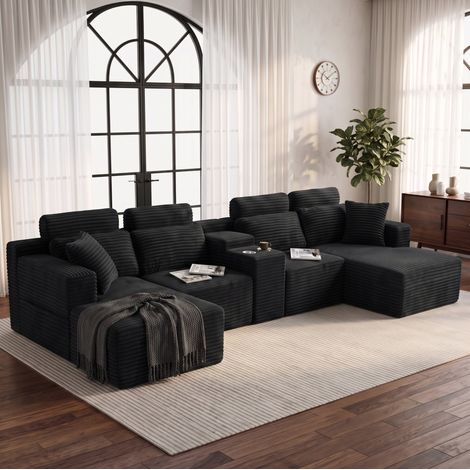 Divano modulare a U 372x151x80 cm nero in velluto a coste con portabicchieri - CHICFURN
