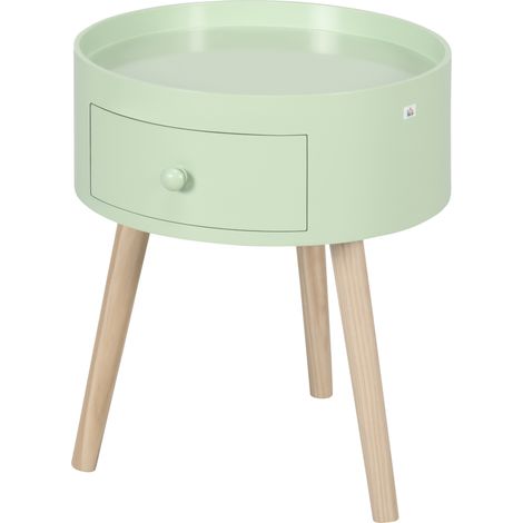 Runder Couchtisch/Nachttisch im skandinavischen Design mit Schublade und konischen, schräg gestellten Beinen