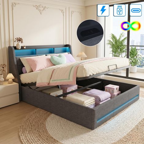 Lit coffre 140x190 cm - Lit double avec éclairage LED et USB, sommier à lattes, Lin Gris - Design moderne avec rangement intégré (1/5)