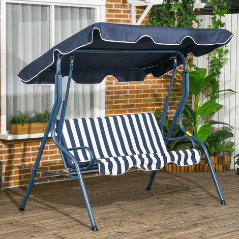 Balancelle de Jardin 3 Places Toit imperméabilisé Inclinaison réglable Coussins Assise Dossier Bleu Blanc rayé