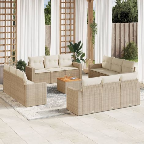 Ensemble de canapé de jardin 13 pièces avec coussins, en polyrotin beige (1/3)