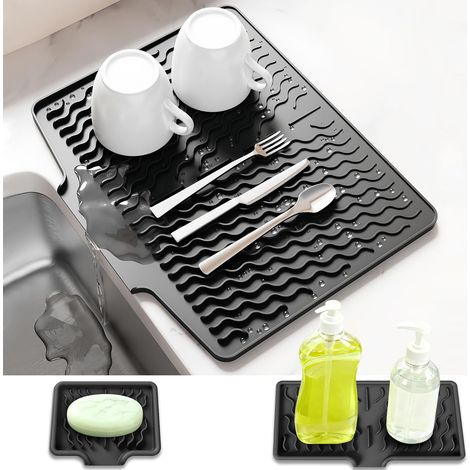 3 en 1 Tapis Egouttoir Vaisselle Silicone Noir 39/25/12cm avec Design Incliné et Trou de Suspension, Antidérapant, Résistant à la Chaleur, Séchage Rapide pour Cuisine Bar Évier -'Parent'-'-