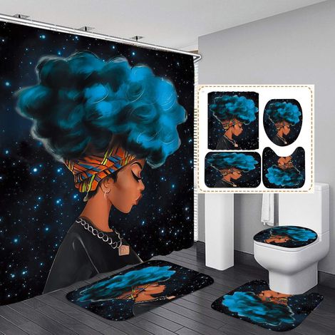 Rideau De Douche - Tapis De Bain Antidérapant - Ensemble 4 Pièces - Polyester Imperméable - Motif Femme Africaine - 183 X 183 Cm (1/5)