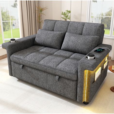 Canapé-lit 2 places 145 x 141,5 x 90 cm, dossier 3 positions, LED, USB/Type-C, tissu chenille - gris (1/5)