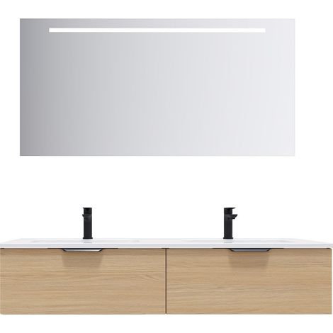 Meuble de salle de bain suspendu double vasque intégrée 140cm 2 tiroirs Chêne clair + miroir - Soho (1/5)