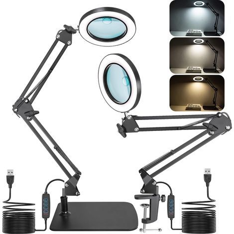 Loupe 2 en 1 avec lampe et support, lampe loupe LED 15x10x avec pince et socle, lampe de bureau à 3 modes de couleur, intensité réglable, idéale pour les loisirs créatifs, le bricolage, les réparation (1/5)
