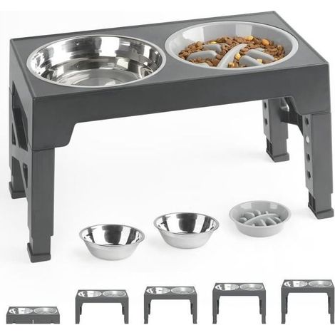 Gamelles Surélevées de 5 Hauteurs Ajustables, Support avec Gamelle Anti-Glouton et Gamelle INOX, Grise (1/4)